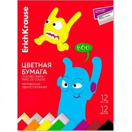 Цветная бумага мелованная односторонняя в папке ErichKrause, Jolly Friends, А4, 12л.,12 цв.(с металлиз.) (школьно-письменные принадлежности) 65622